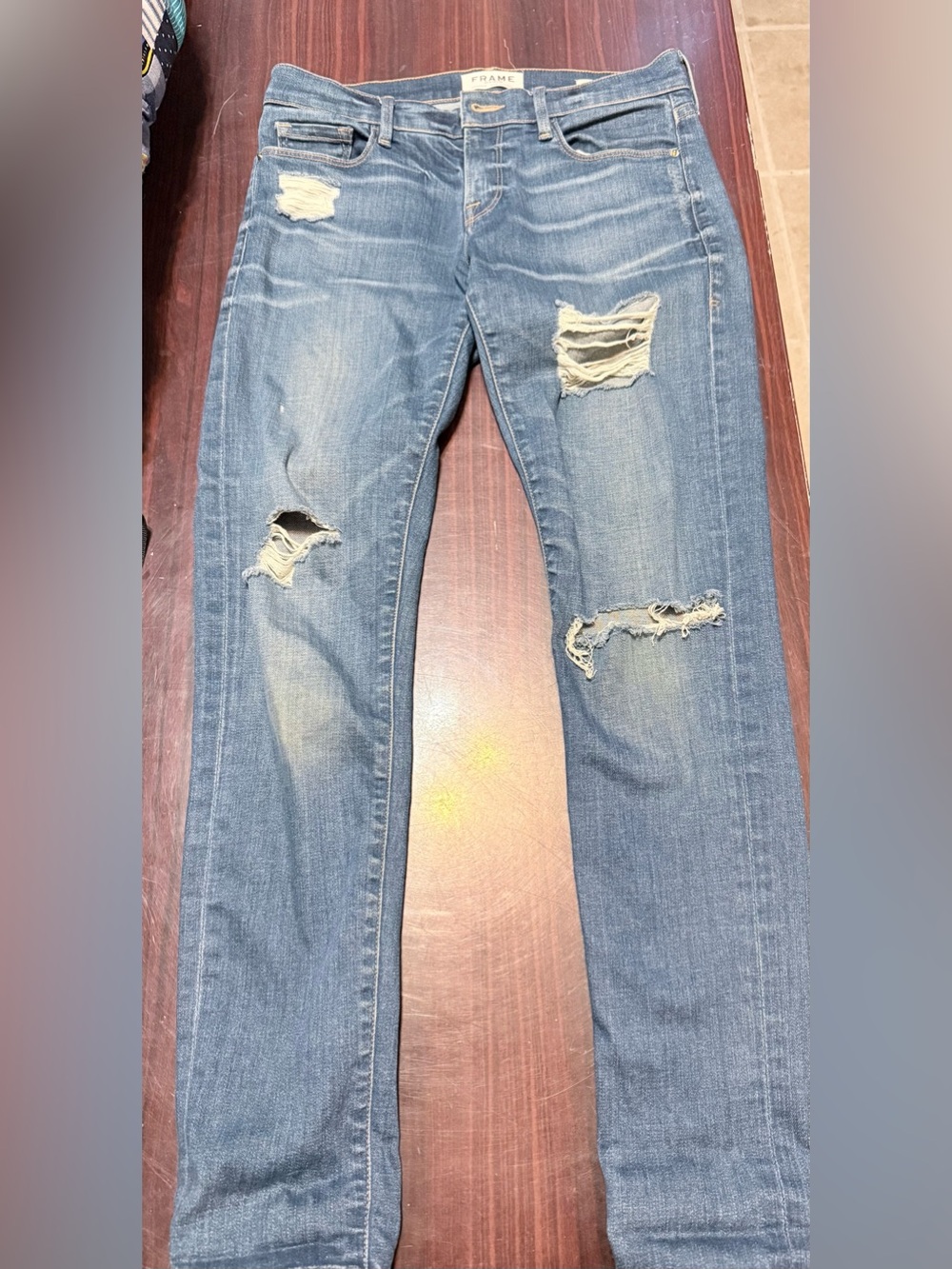 Frame Denim Women's Ripped Skinny Jeans in Blue Wash